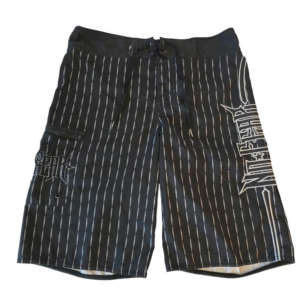 Vintage Y2K No Fear Embroidered Logo Striped Board Shorts‎ Black 34